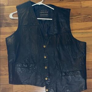 Vintage Biker Black Leather Vest with Button Closure